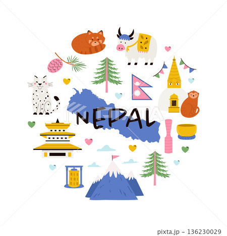 Nepal Design with National Symbols. Cute Travel Vector Illustration for Prints and Posters Nepal Design with National Symbols. Cute Travel Vector Illustration for Prints and Posters 136230029
