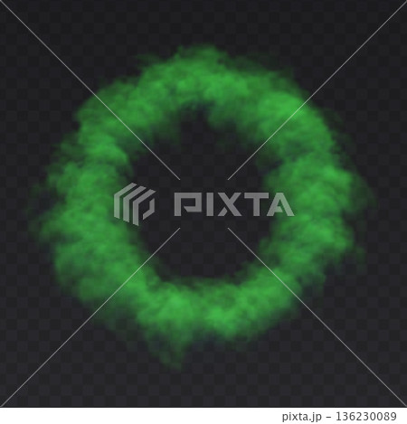 Green Ring Smoke Cloud on dark transparent background. Fog circle frame 136230089