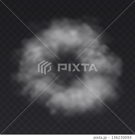 White smoke ring creates a misty circular frame on dark transparent background. Realistic vapor illustration with foggy atmosphere. White smoke ring creates a misty circular frame on dark transparent background. Realistic vapor illustration with foggy atmosphere. 136230093