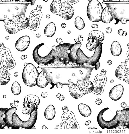 Seamless graphic pattern featuring a dinosaur in a bathtub Seamless graphic pattern featuring a dinosaur in a bathtub 136230225