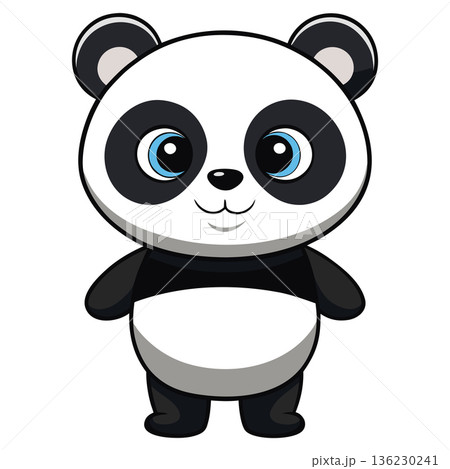 Cute Panda Bear Cartoon Illustration with Big Blue Eyes and Smile 136230241