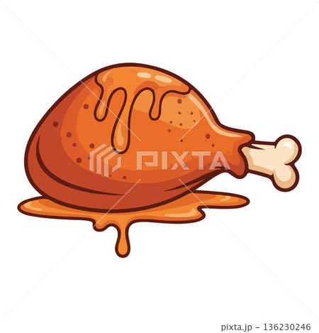 Delicious Cartoon Style Fried Chicken Leg with Gravy Isolated on White Delicious Cartoon Style Fried Chicken Leg with Gravy Isolated on White 136230246