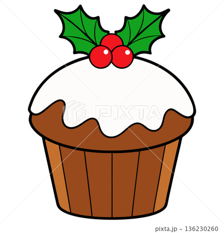 Festive Christmas cupcake with holly decoration for holiday designs art 136230260