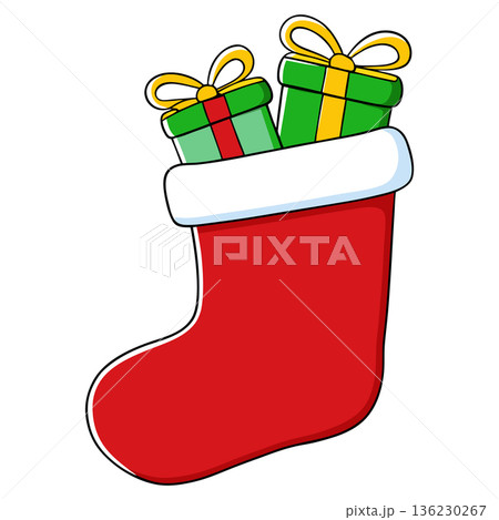 Festive Christmas Stocking Filled with Gifts Isolated on White Background 136230267