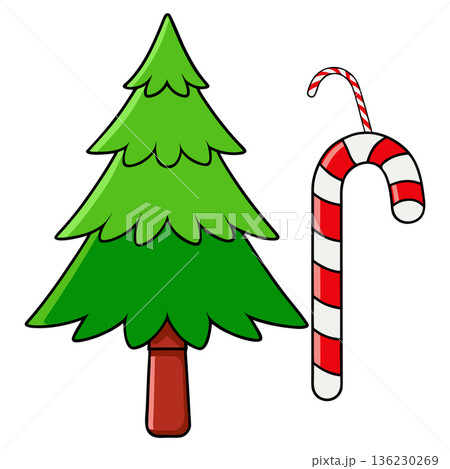 Festive Christmas Tree and Candy Cane Illustration for Holiday Season 136230269