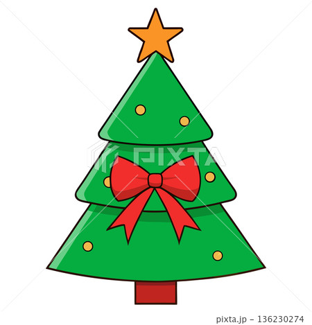 Festive Christmas Tree Illustration with Star and Red Bow Decoration 136230274