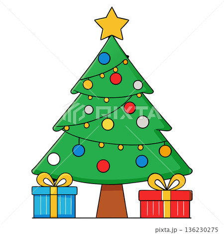 Festive Christmas Tree with Colorful Ornaments and Presents Underneath Festive Christmas Tree with Colorful Ornaments and Presents Underneath 136230275