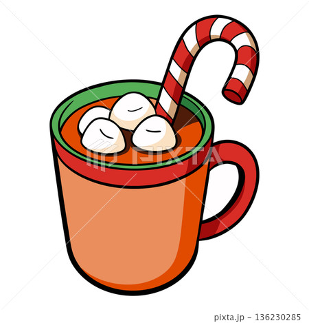 Festive hot chocolate mug with marshmallows and candy cane illustration 136230285