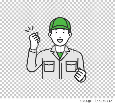 Fist pump, work clothes man with hat Fist pump, work clothes man with hat 136230442