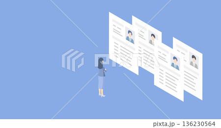 人事の女性と履歴書。優秀な人材を探すアイソメトリックなベクターイラスト。書類選考･採用･求人のシーン 136230564