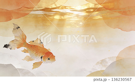 水面を泳ぐ金魚の和風イラスト背景素材 136230567