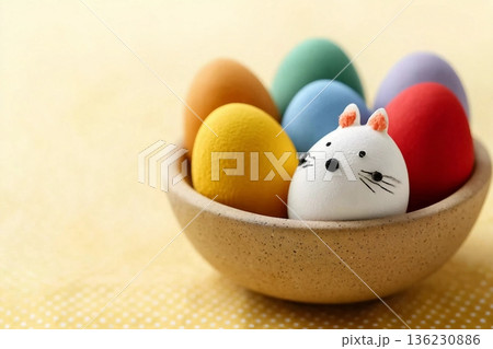Happy Easter eggs in a bowl on dot yellow color background. Easter decoration Selective focus. 136230886
