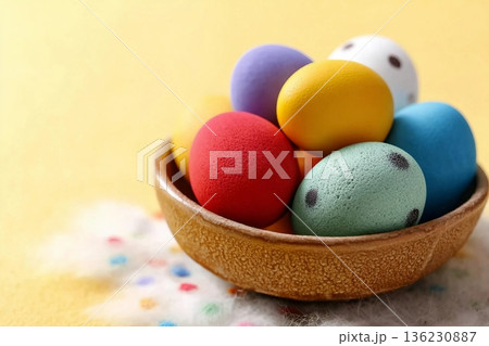 Happy Easter eggs in a bowl on dot yellow color background. Easter decoration Selective focus. Happy Easter eggs in a bowl on dot yellow color background. Easter decoration Selective focus. 136230887