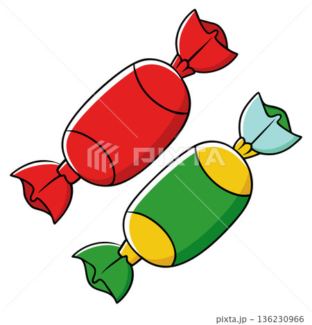 Two wrapped candies in bright colors against a white background 136230966