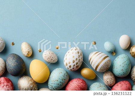Assorted colored decorative Easter eggs laid out on a light blue surface, with various patterns and textures 136231122