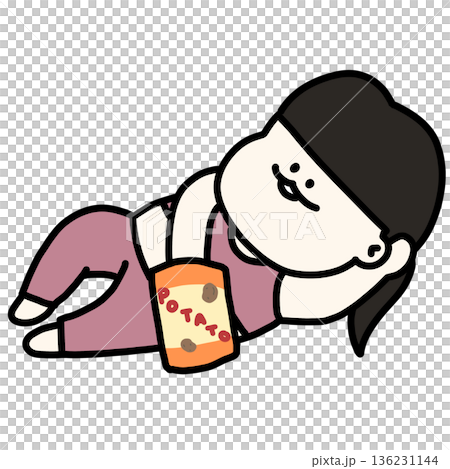 トレーニングウェアを着て寝転びながらポテチを食べるぽっちゃり女性 136231144