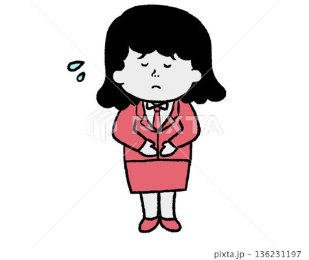 謝罪するスーツの女性スタッフ(赤色) 136231197