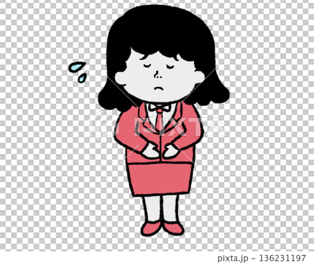 謝罪するスーツの女性スタッフ(赤色) 136231197