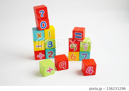 Number wood block cubes for learning Mathematic, education math. 136231296