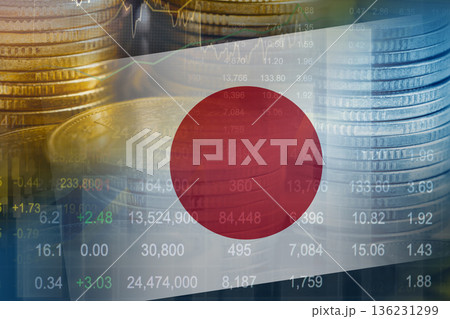 Japan flag with stock market finance, economy trend graph digital technology. 136231299