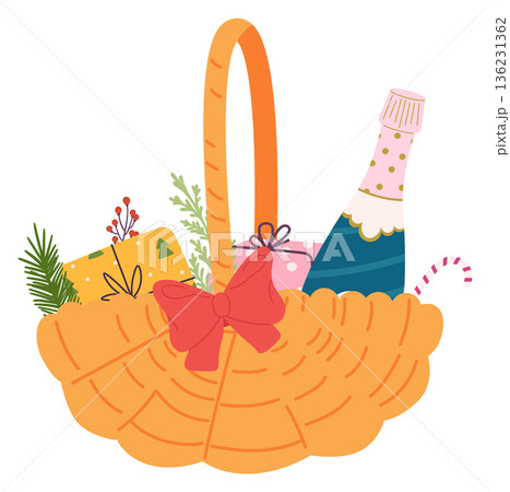Gift basket drawing with champagne bottle. Holiday present Gift basket drawing with champagne bottle. Holiday present 136231362