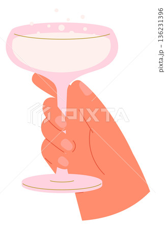 Summer cocktail glass with sparkling bubbles in human hand Summer cocktail glass with sparkling bubbles in human hand 136231396