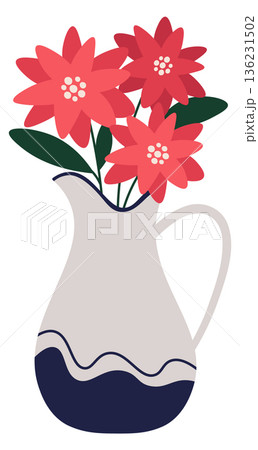 Red flowers in ceramic jug. Summer natural bouquet Red flowers in ceramic jug. Summer natural bouquet 136231502