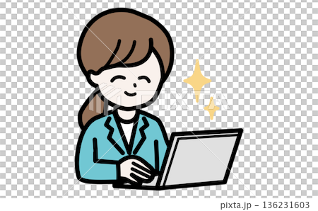 SaaSやクラウドツールの操作方法をPCで説明する女性。IT企業やテック系の解説用素材。 136231603