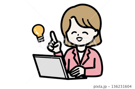 PC作業中に良いアイデアをひらめいた女性事務員。DXで業務課題を解決するポジティブなイラスト。 136231604
