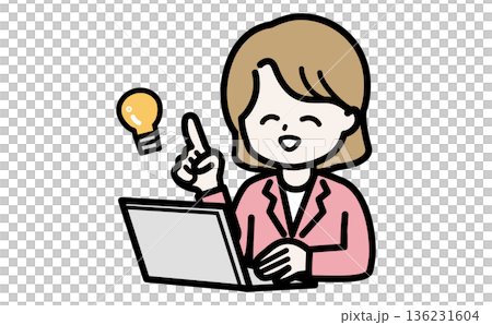 PC作業中に良いアイデアをひらめいた女性事務員。DXで業務課題を解決するポジティブなイラスト。 136231604