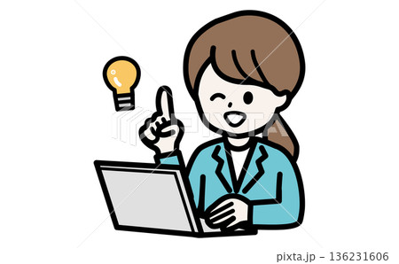 SaaSの便利な機能をPCで発見し紹介する女性のイラスト。最新テックやITサービスの活用イメージ。 136231606