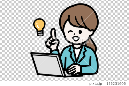 SaaSの便利な機能をPCで発見し紹介する女性のイラスト。最新テックやITサービスの活用イメージ。 136231606