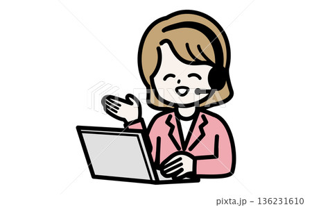PC画面を指差してオンラインで優しく説明する女性事務員。Web会議やカスタマーサポートの素材。 136231610