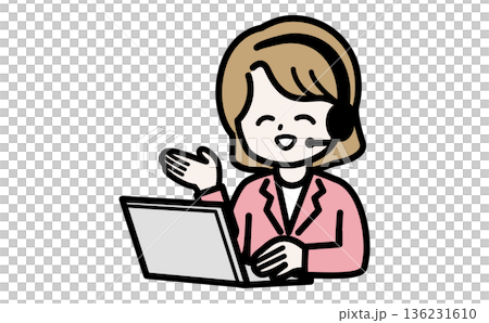 PC画面を指差してオンラインで優しく説明する女性事務員。Web会議やカスタマーサポートの素材。 136231610