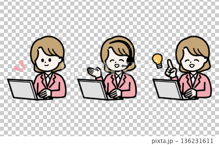 ノートパソコンで事務作業をする女性のイラスト3ポーズセット。テレワークや在宅ワークの挿絵素材。 136231611