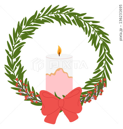 Burning candle in christmas wreath. Green christmas branch 136231695