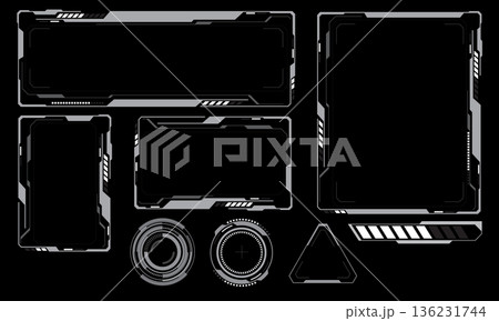 HUD frames grey user interface elements design modern technology futuristic control panel screen digital hologram window gaming menu touching cyber monitor set on black background vector 136231744