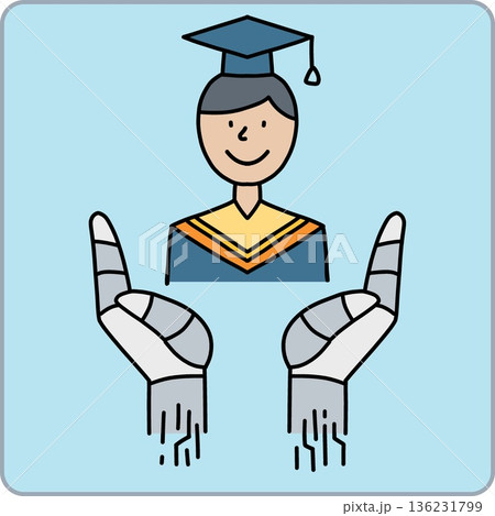 Graduation concept with a student and robotic hands supporting. vector illustration in color line Graduation concept with a student and robotic hands supporting. vector illustration in color line 136231799