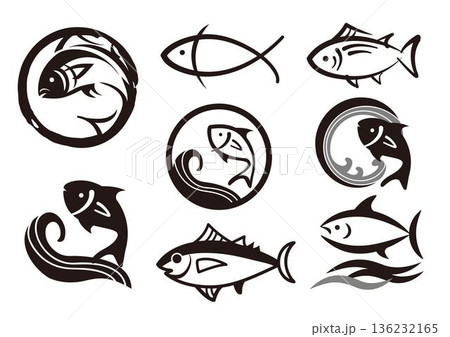 波　海　お魚ロゴマークセット 136232165