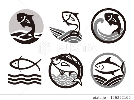 波　海　お魚ロゴマークセット 136232166