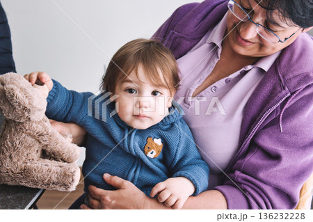 A white Caucasian grandmother with her young grandson sat on her lap A white Caucasian grandmother with her young grandson sat on her lap 136232228