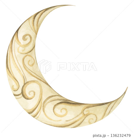 Watercolor ramadan crescent moon illustration, ramadhan kareem mubarak greeting, golden lantern celestial night, Islamic muslim religious celebration, middle eastern art. 136232479