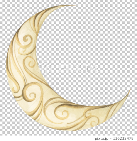 Watercolor ramadan crescent moon illustration, ramadhan kareem mubarak greeting, golden lantern celestial night, Islamic muslim religious celebration, middle eastern art. 136232479