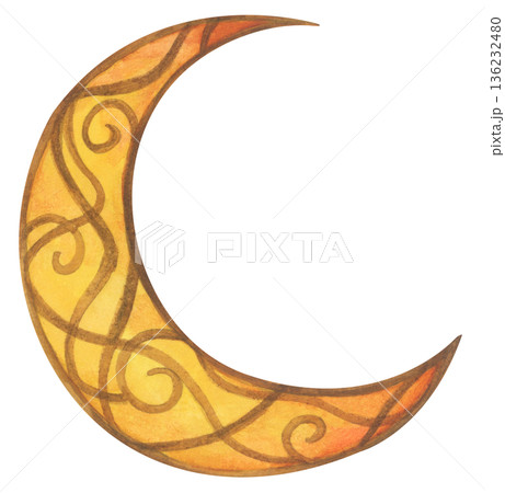 Watercolor ramadan crescent moon illustration, ramadhan kareem mubarak greeting, golden lantern celestial night, Islamic muslim religious celebration, middle eastern art. 136232480