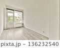 An empty room featuring large windows allowing ample natural light. The light wooden flooring complements the clean, white walls, creating a serene atmosphere. 136232540