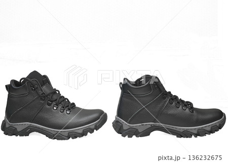 Walking by.Winter black leather warm boots with laces for walk Walking by.Winter black leather warm boots with laces for walk 136232675