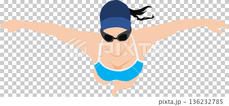 描繪一位女性正在進行蝶泳的插圖 136232785