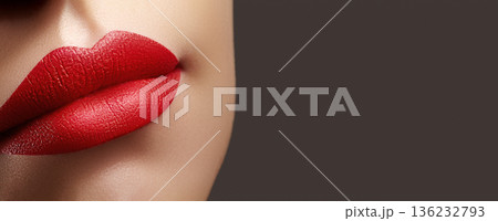 Red Lips Closeup, Vibrant Lipstick Texture, Intense Crimson Satin Finish Glossy Highlight Precise Lip Liner Seductive Expression, Beauty Advertising Shot Makeup Artist Editorial Styling Red Lips Closeup, Vibrant Lipstick Texture, Intense Crimson Satin Finish Glossy Highlight Precise Lip Liner Seductive Expression, Beauty Advertising Shot Makeup Artist Editorial Styling 136232793