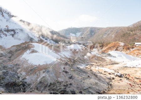Geothermal steam rising over Jigokudani Hell Valley in winter Geothermal steam rising over Jigokudani Hell Valley in winter 136232800