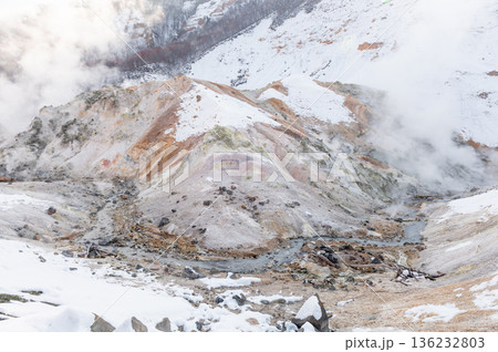 Steaming volcanic hills and geothermal stream in Jigokudani winter Steaming volcanic hills and geothermal stream in Jigokudani winter 136232803